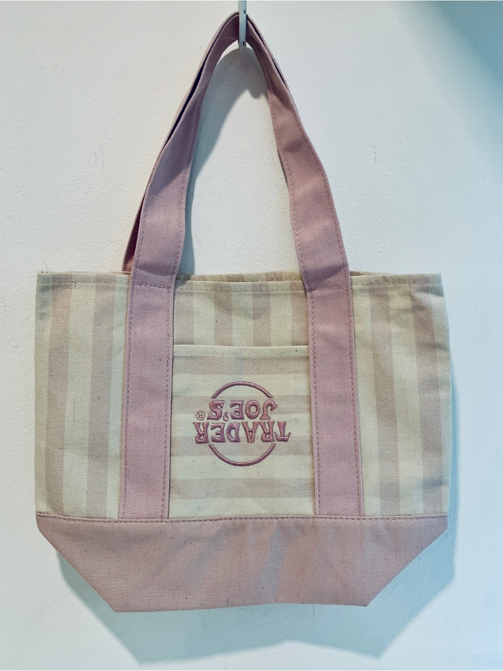 Trader Joe’s MISPRINT Upside Down Logo Mini Pink Stripe Tote Bag